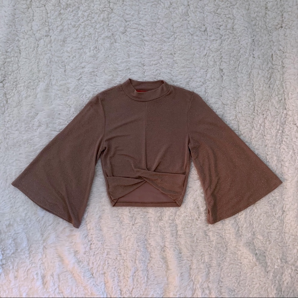 AKIRA 3/4 Wide Sleeve Mock Neck Knot Crop Top